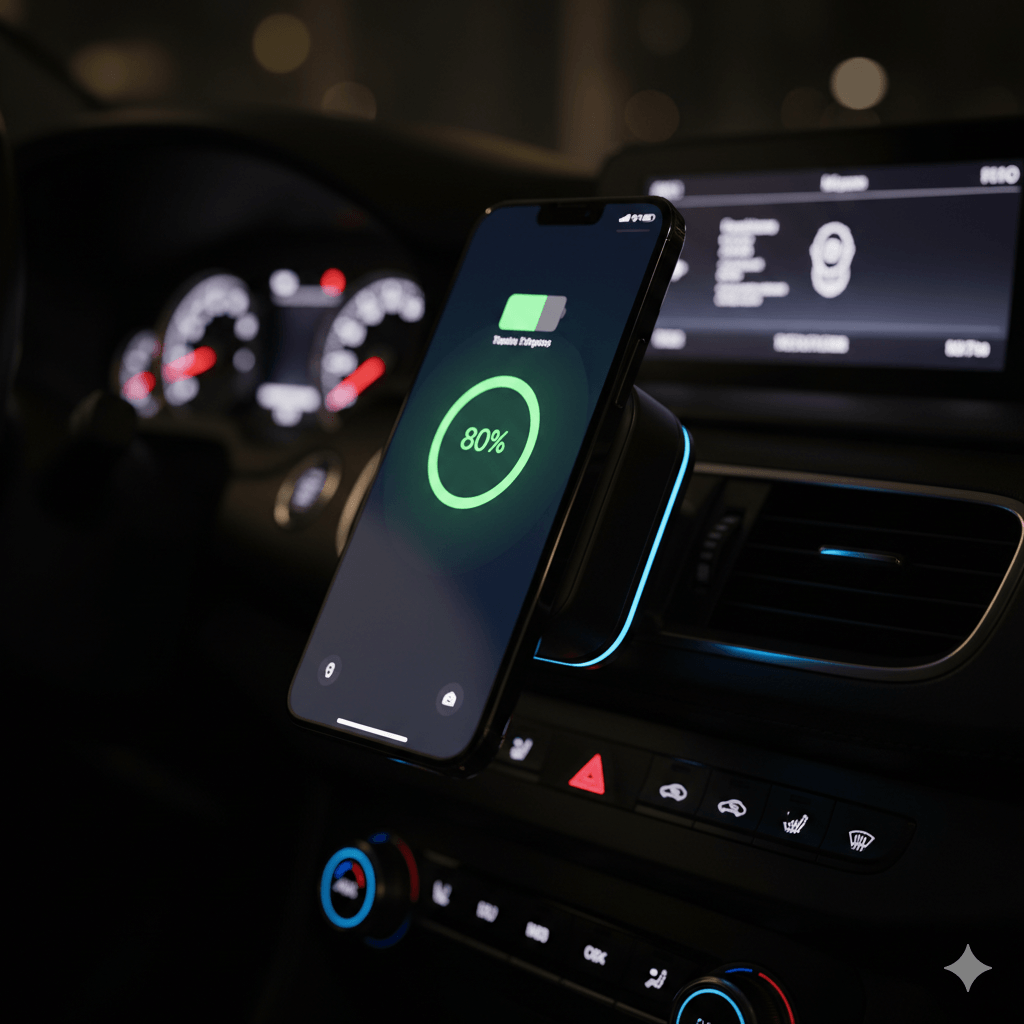 MagDrive 15W magnetic wireless charger installed in car for iPhone